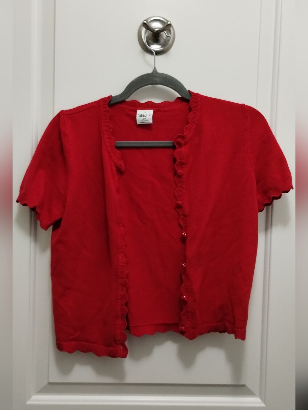 Red Short Sleeve Ruffle-Edge Cardigan by NICK & ZOE